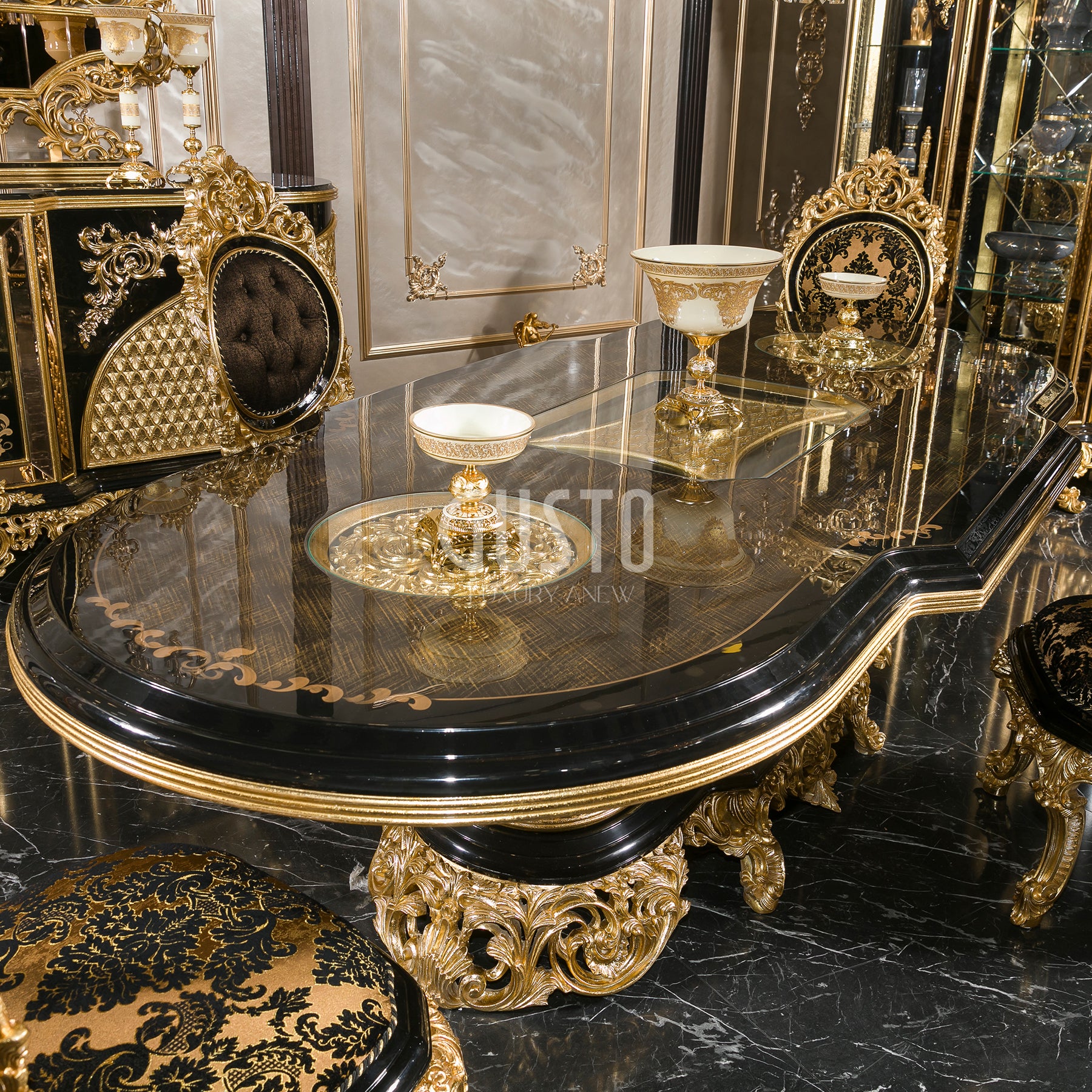 Regalia Noir Dining Set – Majestic Black & Gold Grandeur