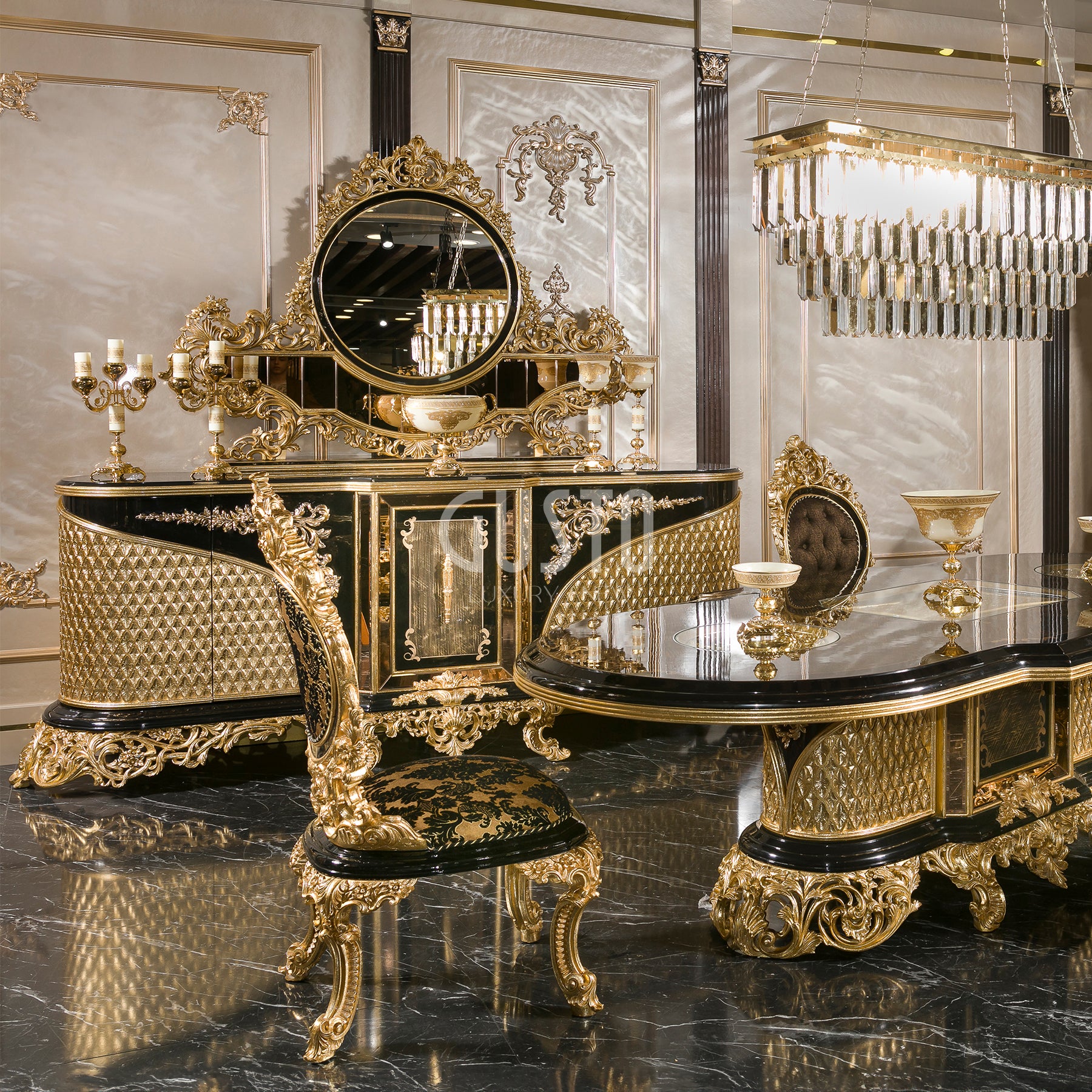 Regalia Noir Dining Set – Majestic Black & Gold Grandeur
