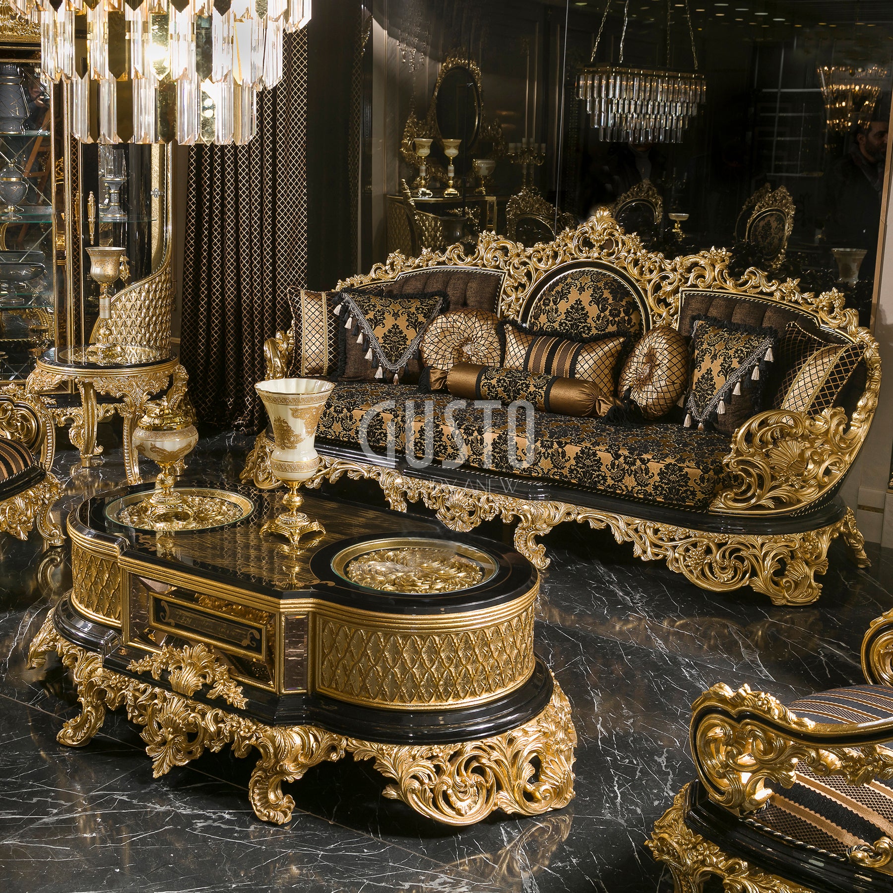 Regalia Noir Living Room Set – Imperial Black & Gold Grandeur