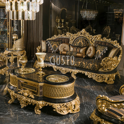 Regalia Noir Living Room Set – Imperial Black & Gold Grandeur