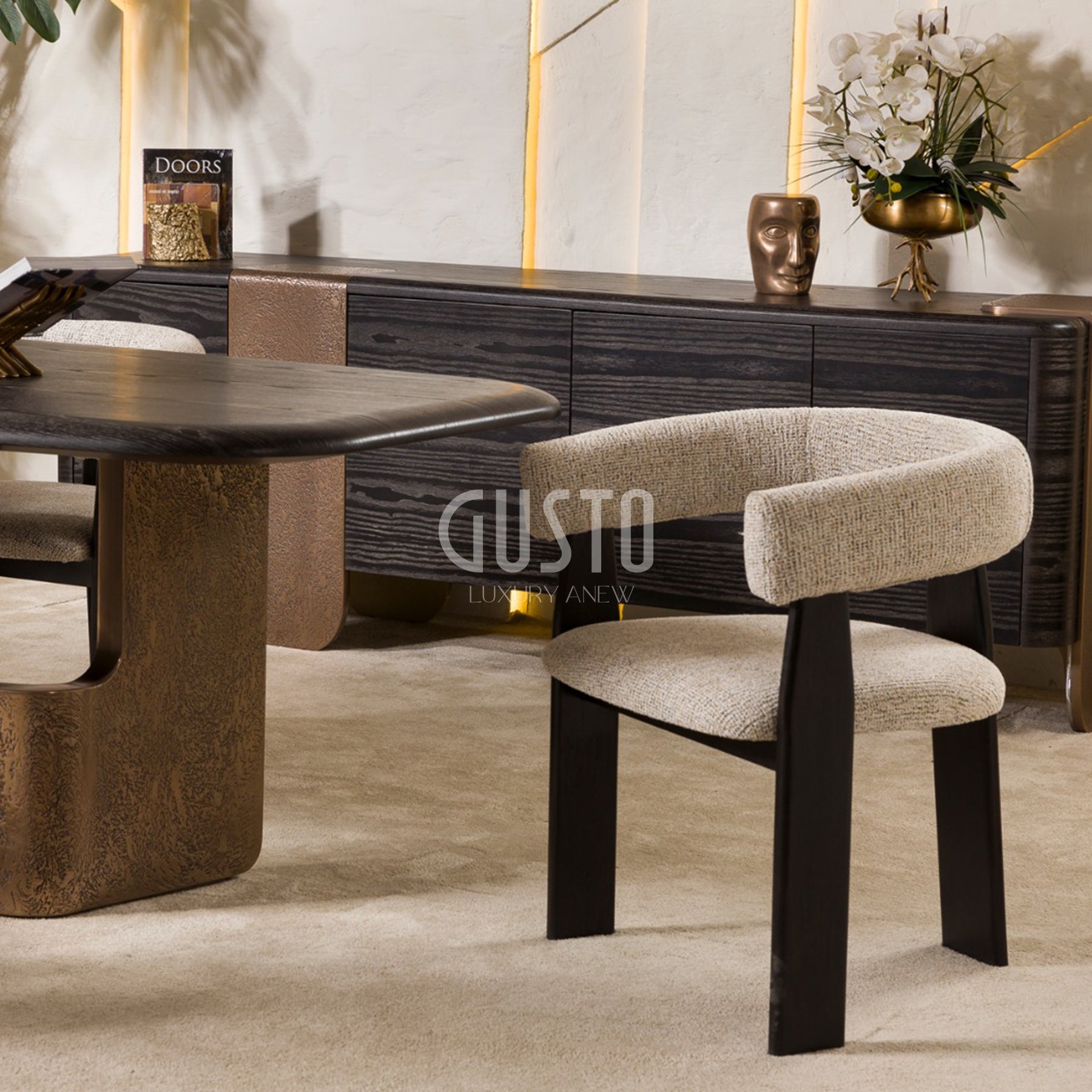 Arcadia Modern Dining Set with Sideboard – Wood & Fabric Elegance