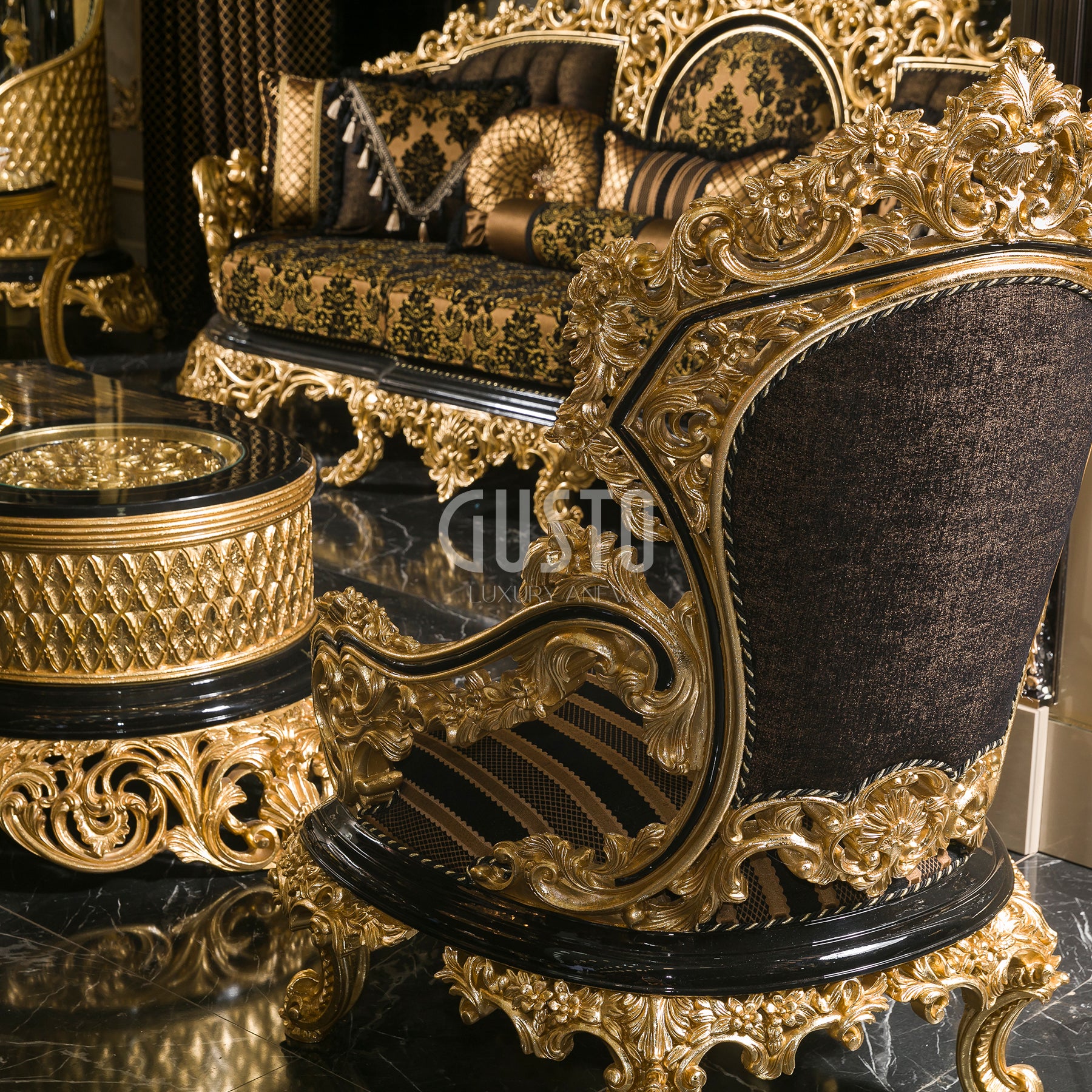 Regalia Noir Living Room Set – Imperial Black & Gold Grandeur