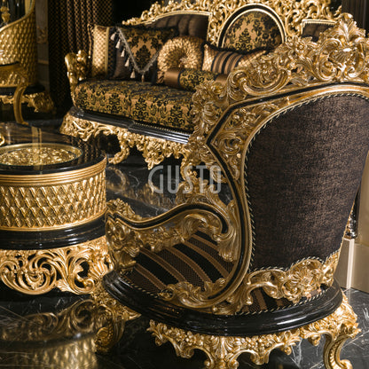 Regalia Noir Living Room Set – Imperial Black & Gold Grandeur
