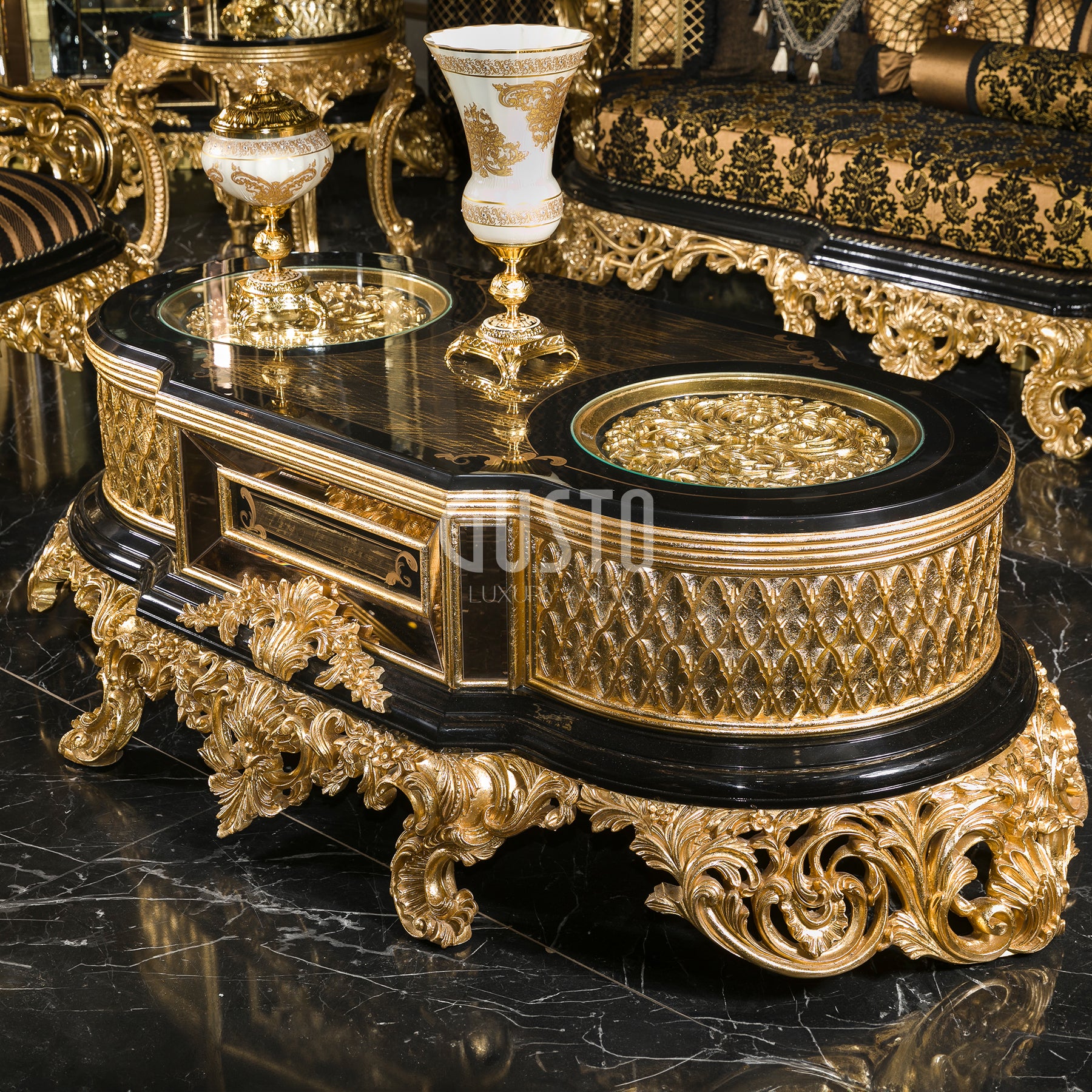 Regalia Noir Living Room Set – Imperial Black & Gold Grandeur