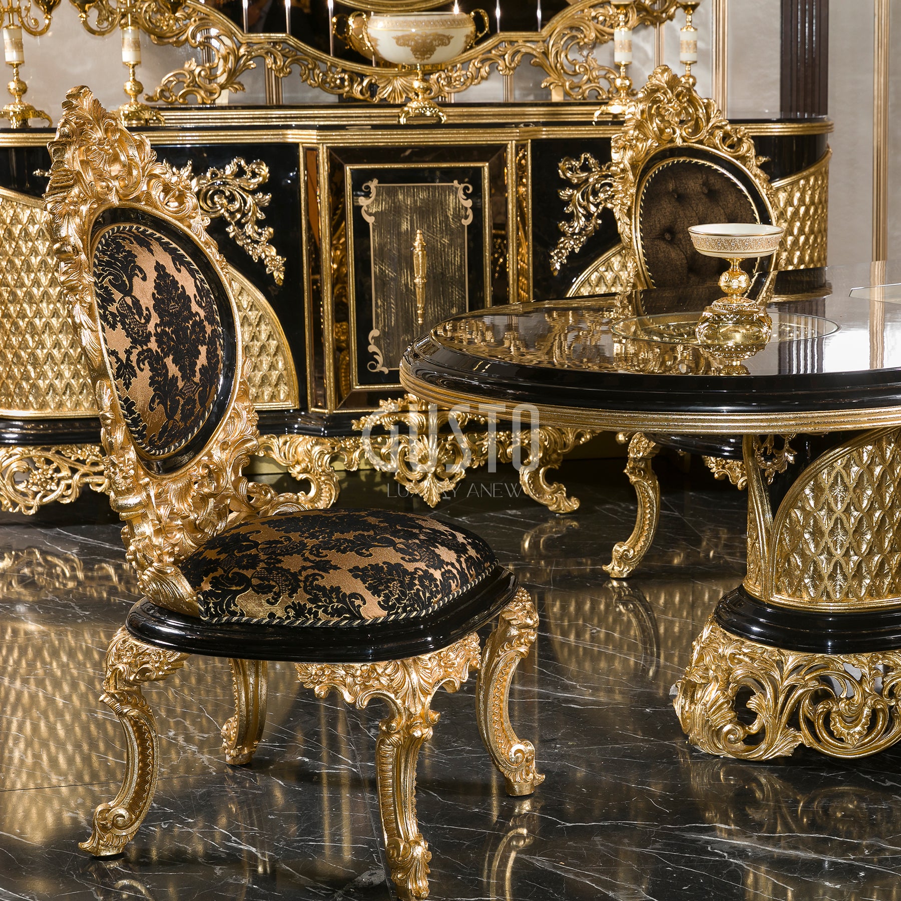 Regalia Noir Dining Set – Majestic Black & Gold Grandeur