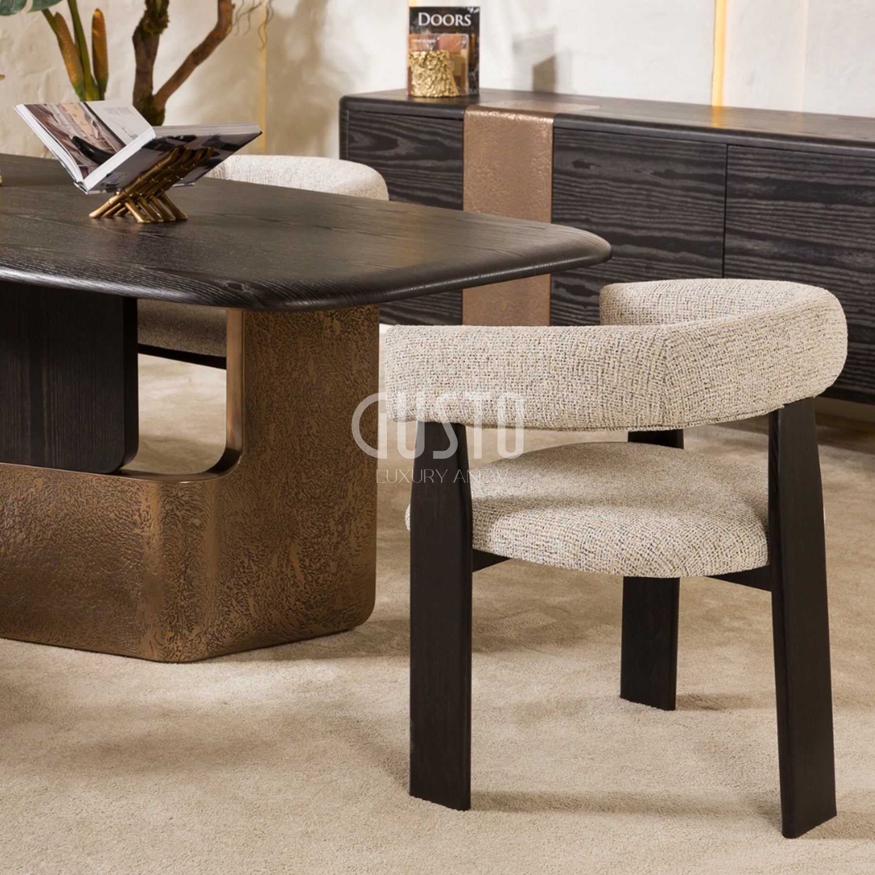 Arcadia Modern Dining Set with Sideboard – Wood & Fabric Elegance