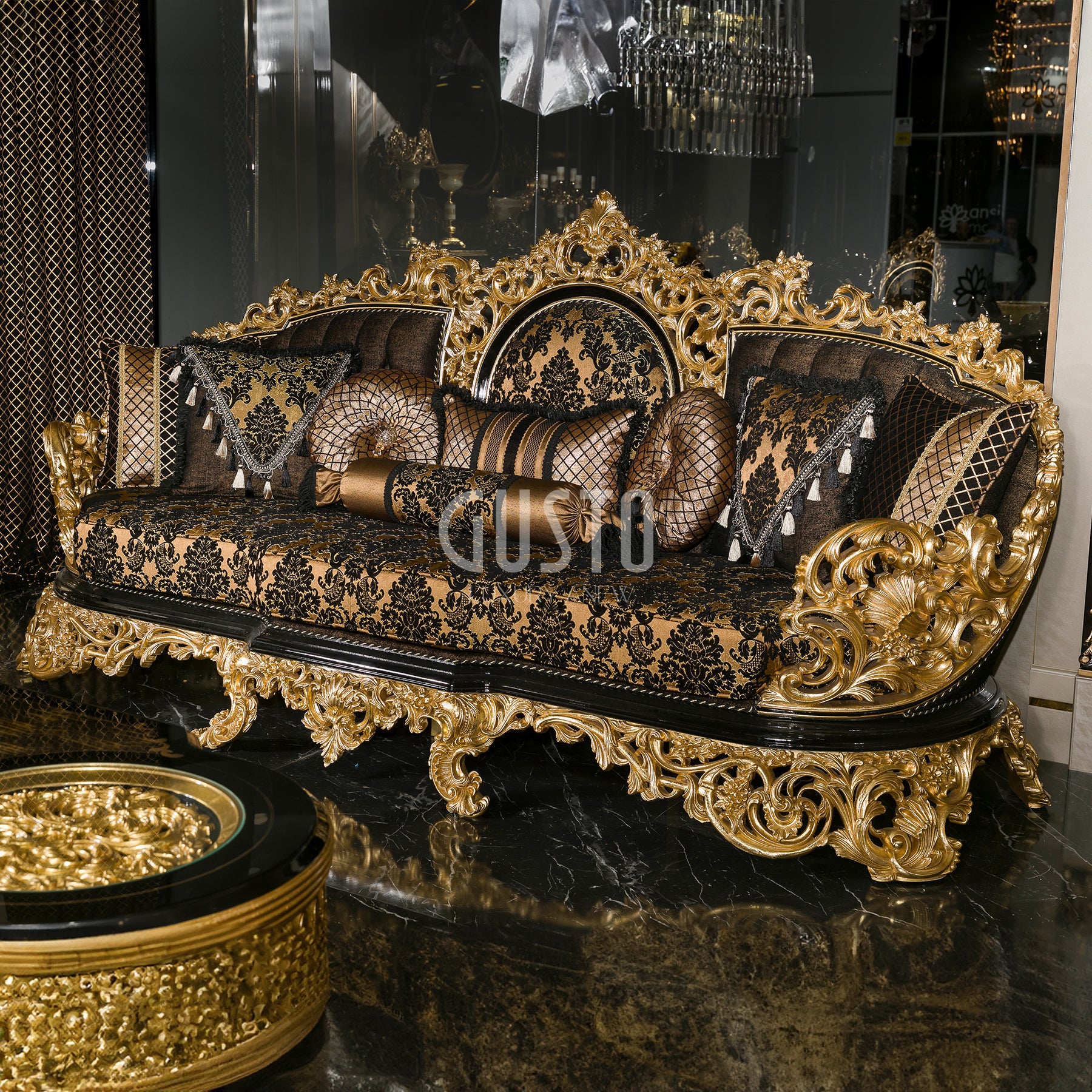 Regalia Noir Living Room Set – Imperial Black & Gold Grandeur
