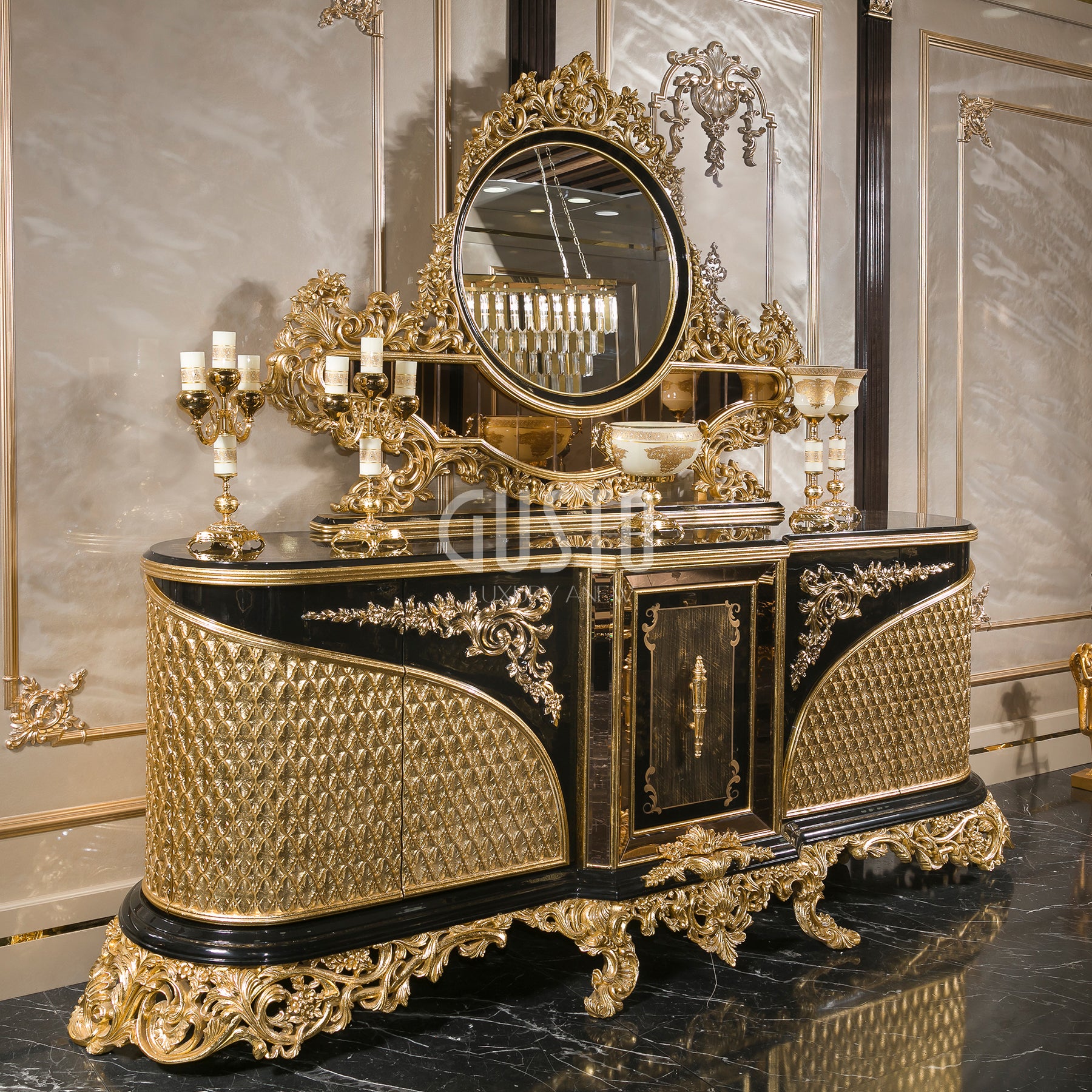 Regalia Noir Dining Set – Majestic Black & Gold Grandeur