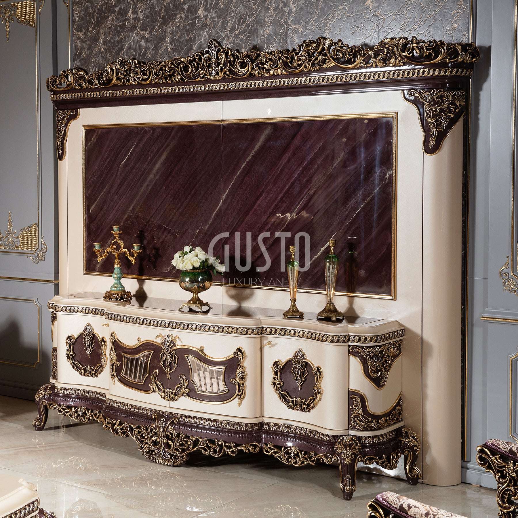 Versailles Royale TV Unit with Wall Panel – Opulent Entertainment Design