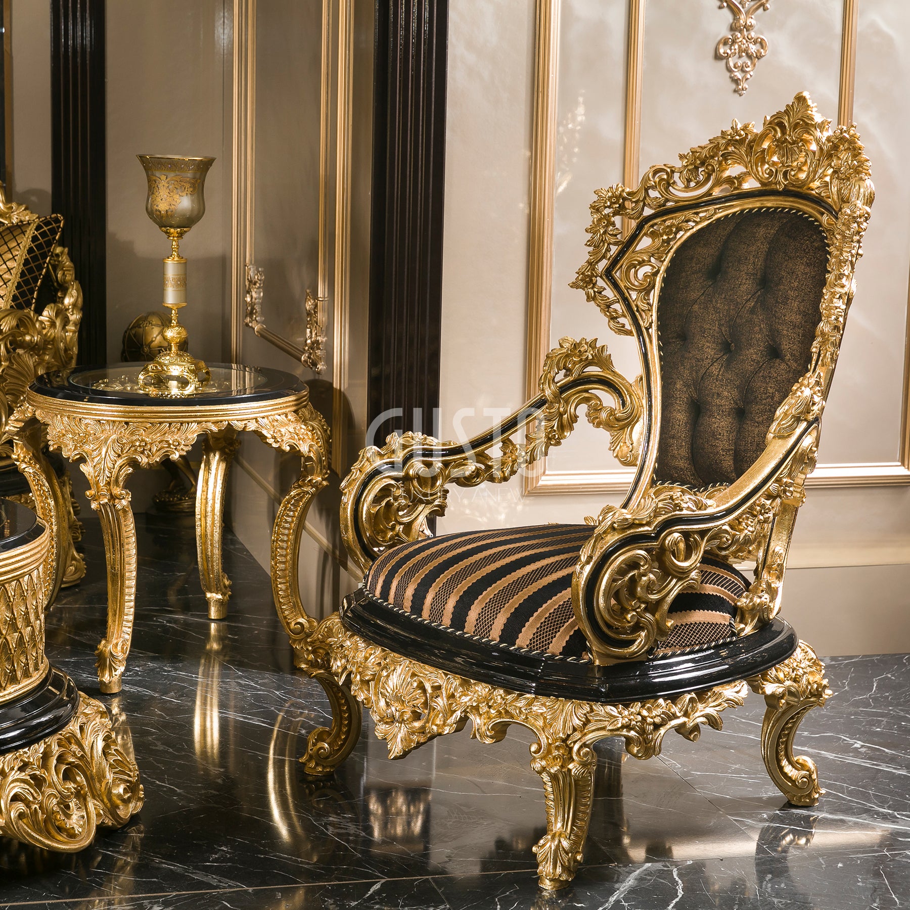 Regalia Noir Living Room Set – Imperial Black & Gold Grandeur