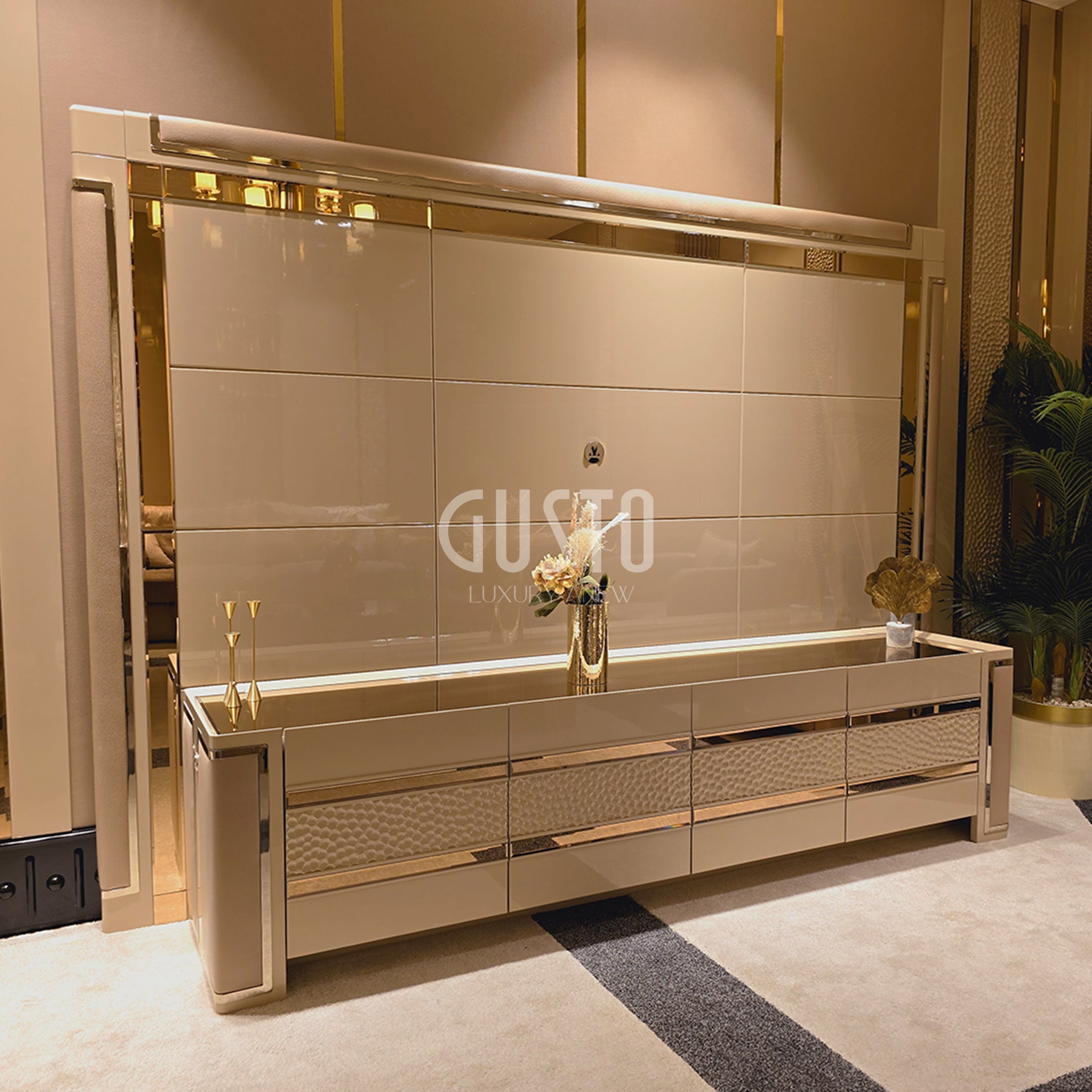 Capri Luxe TV Unit with Wall Panel – Modern Glamour in Soft Neutrals
