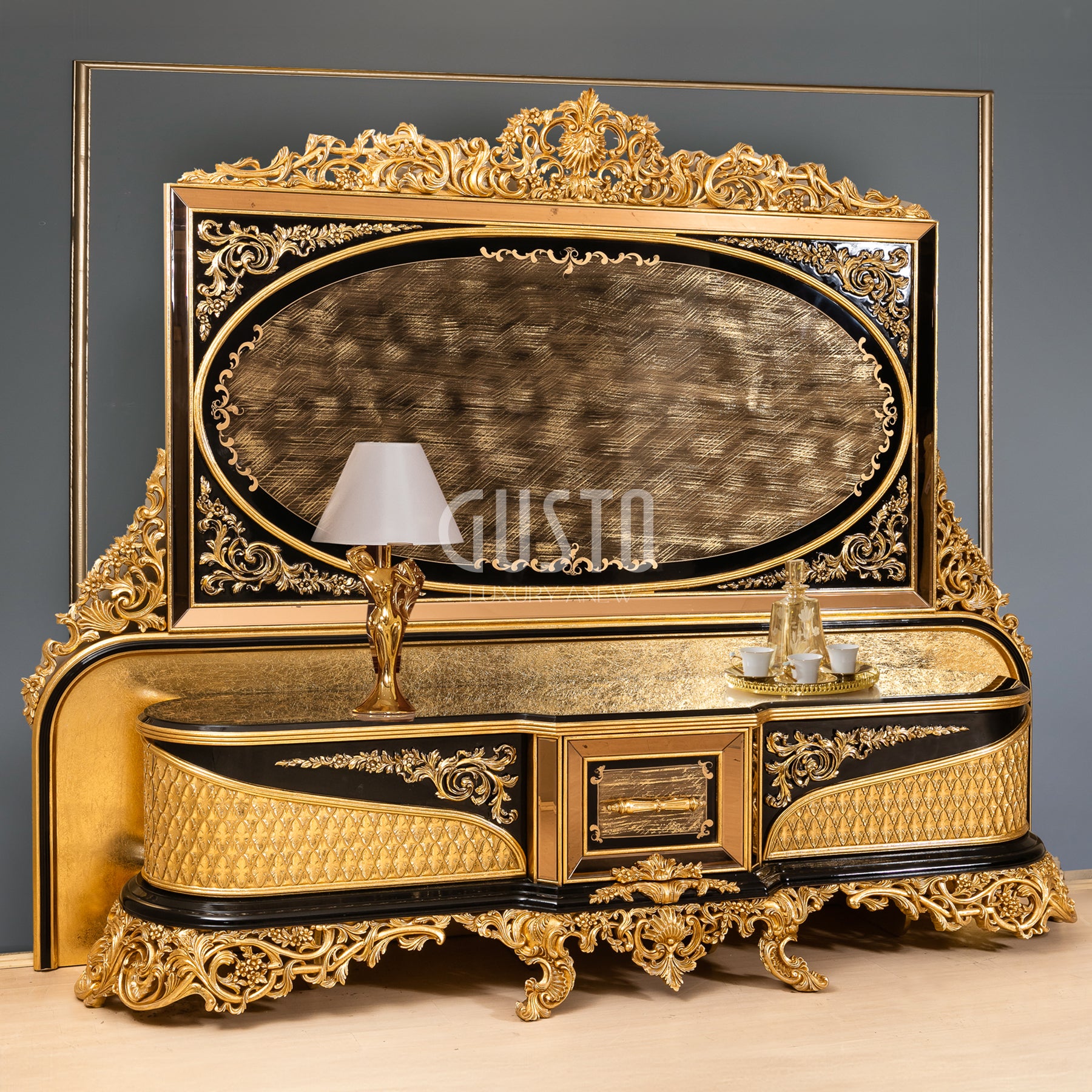 Regalia Noir TV Unit with Wall Panel – Majestic Black & Gold Statement