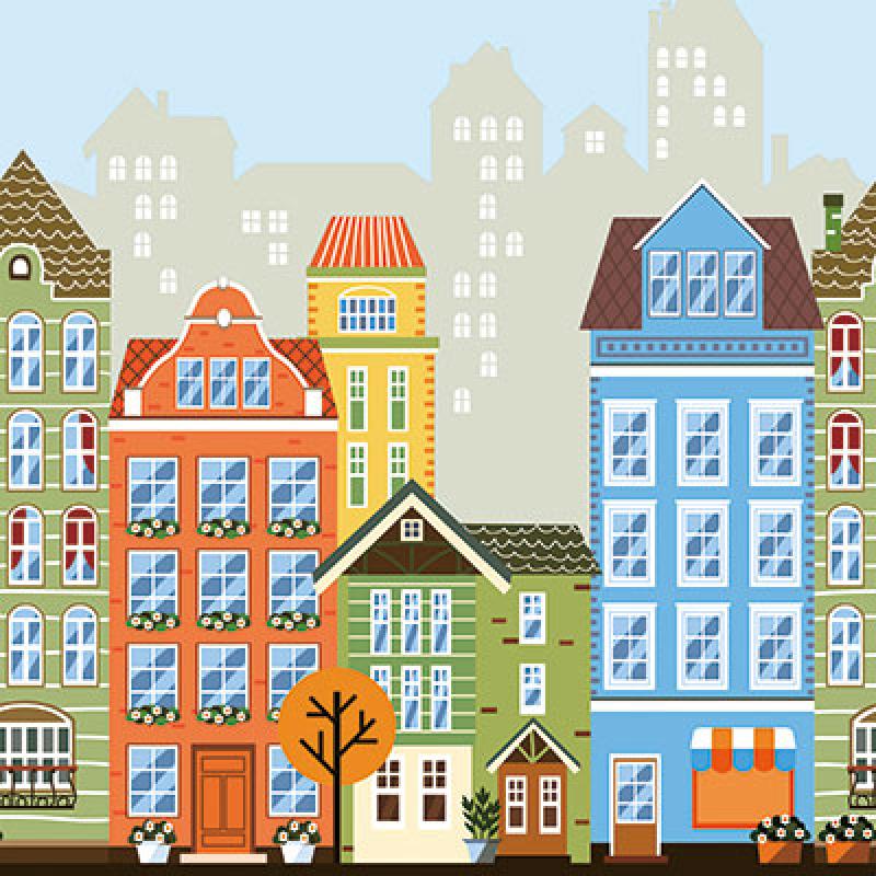 Gusto Wallpaper 8903 Serie | A cartoonish City with Colorful Buildings and Windows Wallpaper