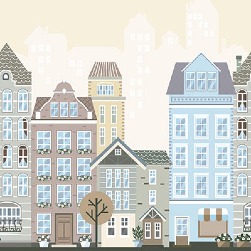 Gusto Wallpaper 8903 Serie | A cartoonish City with Colorful Buildings and Windows Wallpaper